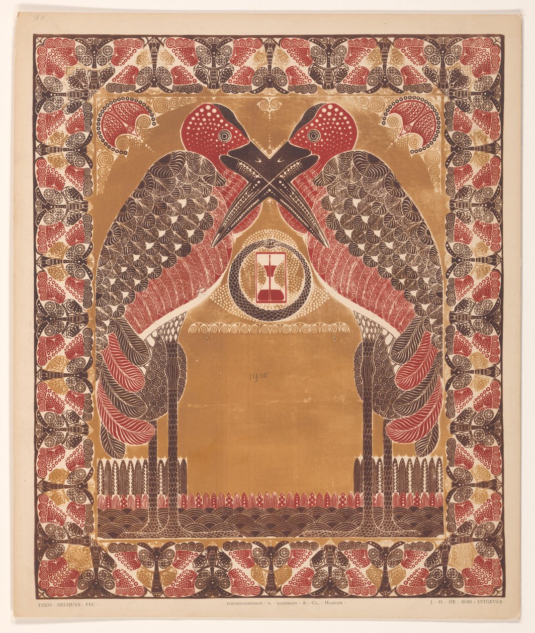 Two Standing Birds with Crossed Beaks and an Hourglass by Theo Neuhuys