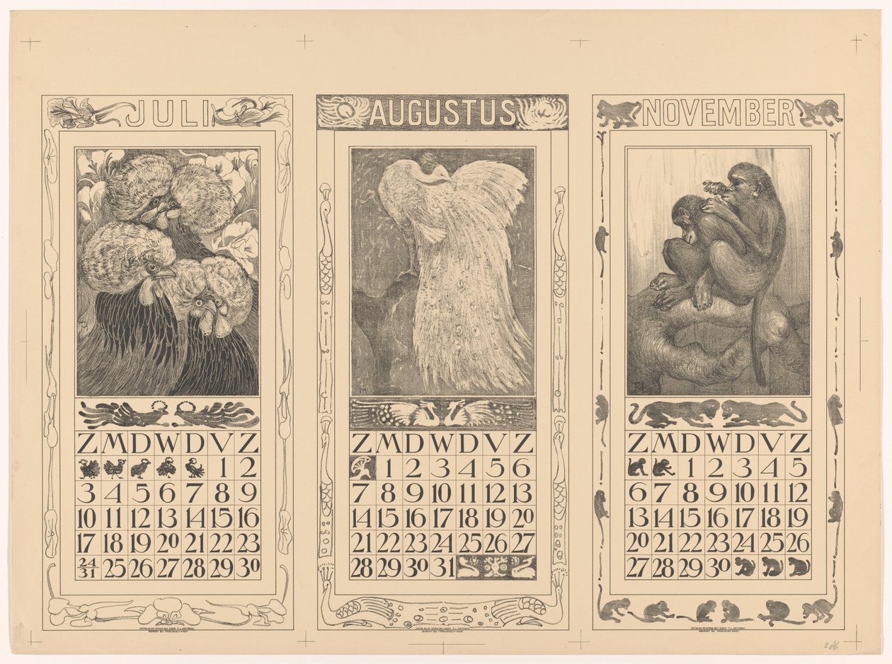 Calendars for July, August, and November 1910 by Theo van Hoytema