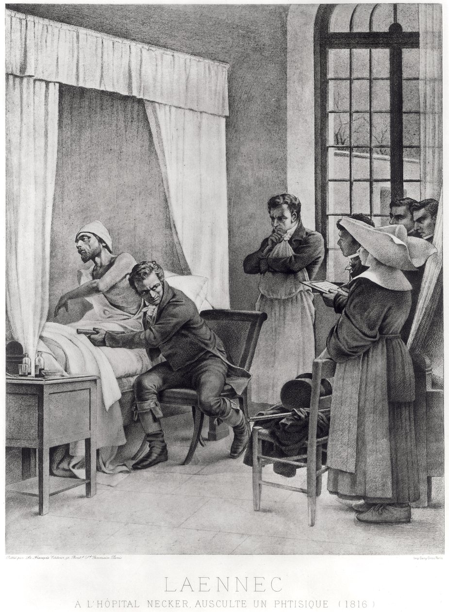 Rene Theophile Hyacinthe Laennec listening to the chest of a man with consumption by Theobald Chartran
