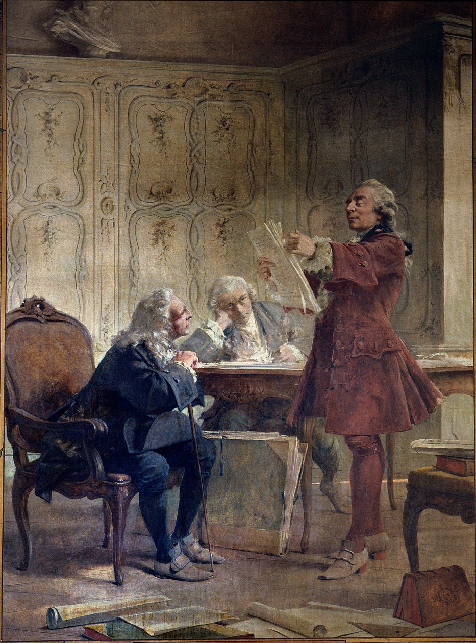 The naturalist Georges-Louis Leclerc, Count of Buffon reads the first sheets of his natural history in front of the botanist Bernard de Jussieu and the naturalist Edme-Louis Daubenton by Theobald Chartran