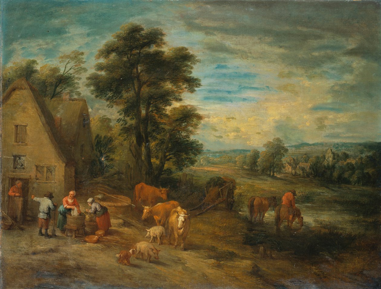 Landscape with Peasants and Cattle by a Cottage by Theobald Michau