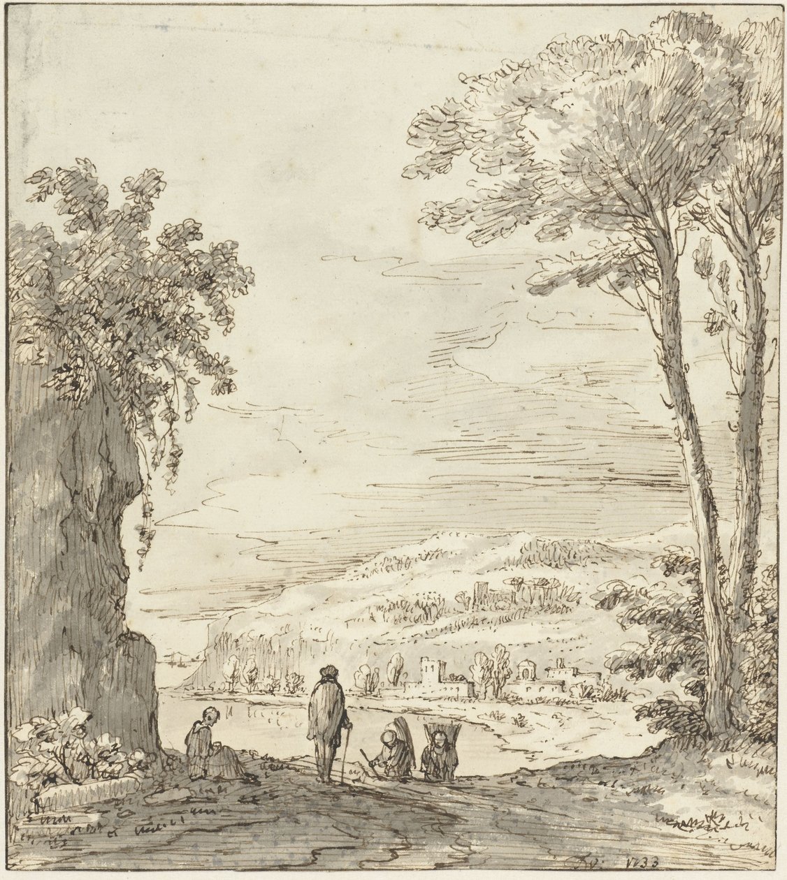 Italian River Landscape with Walkers by a Rock by Theodoor Wilkens