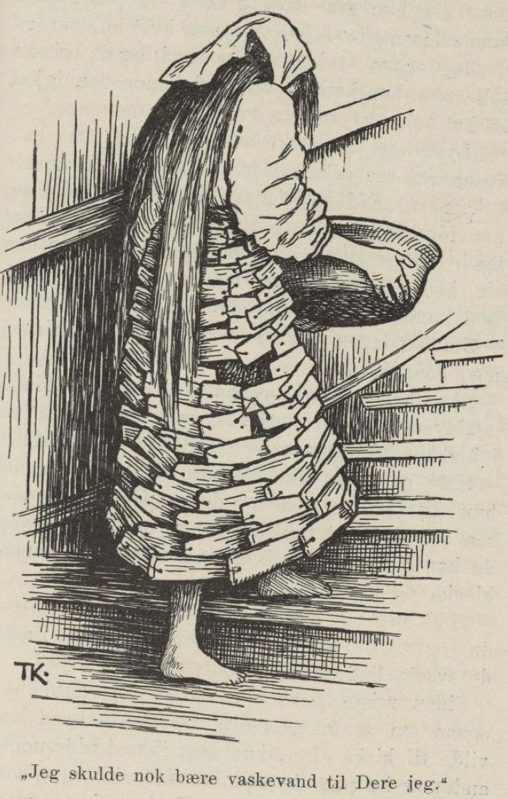 Kari Trstakk Katie Woodencloak, in her bark clothing says I was just going to bring up the wash-water for you by Theodor Kittelsen