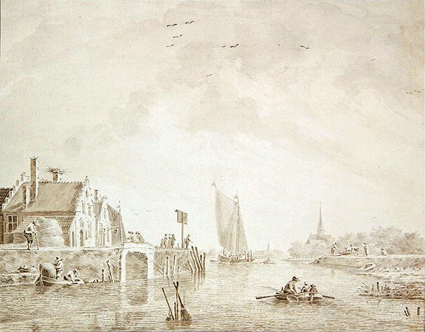 Shipping in an Estuary by a Village with a City in the Distance by Theodor Verrijk