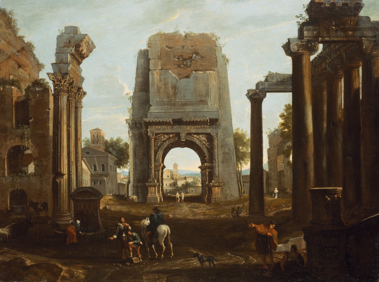 A Capriccio of Roman Ruins with the Arch of Titus and Figures by Theodor (circle of) Helmbreker