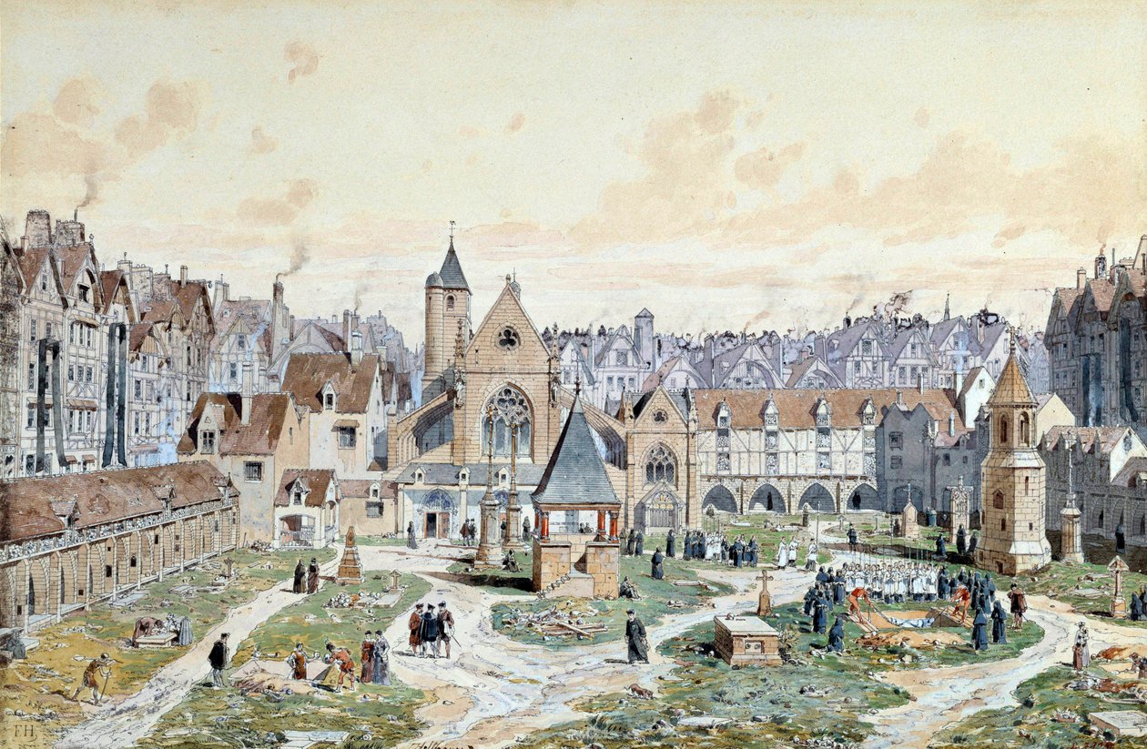 View of the Cemetery of the Innocents in Paris in 1550 by Theodor Josef Hubert Hoffbauer