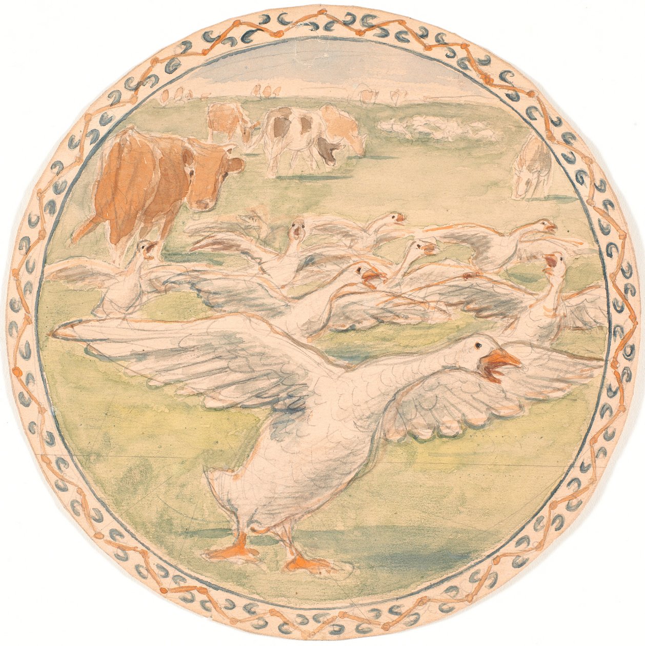 Grazing Cows and Cackling Geese (Draft for Ceramic Dish) by Theodor Philipsen