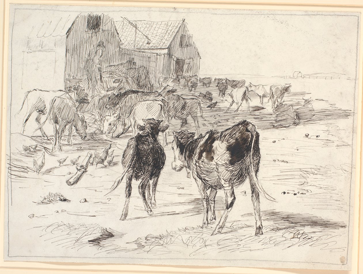 Hay harvest on Saltholm. Calves flock around wagons by the barn by Theodor Philipsen