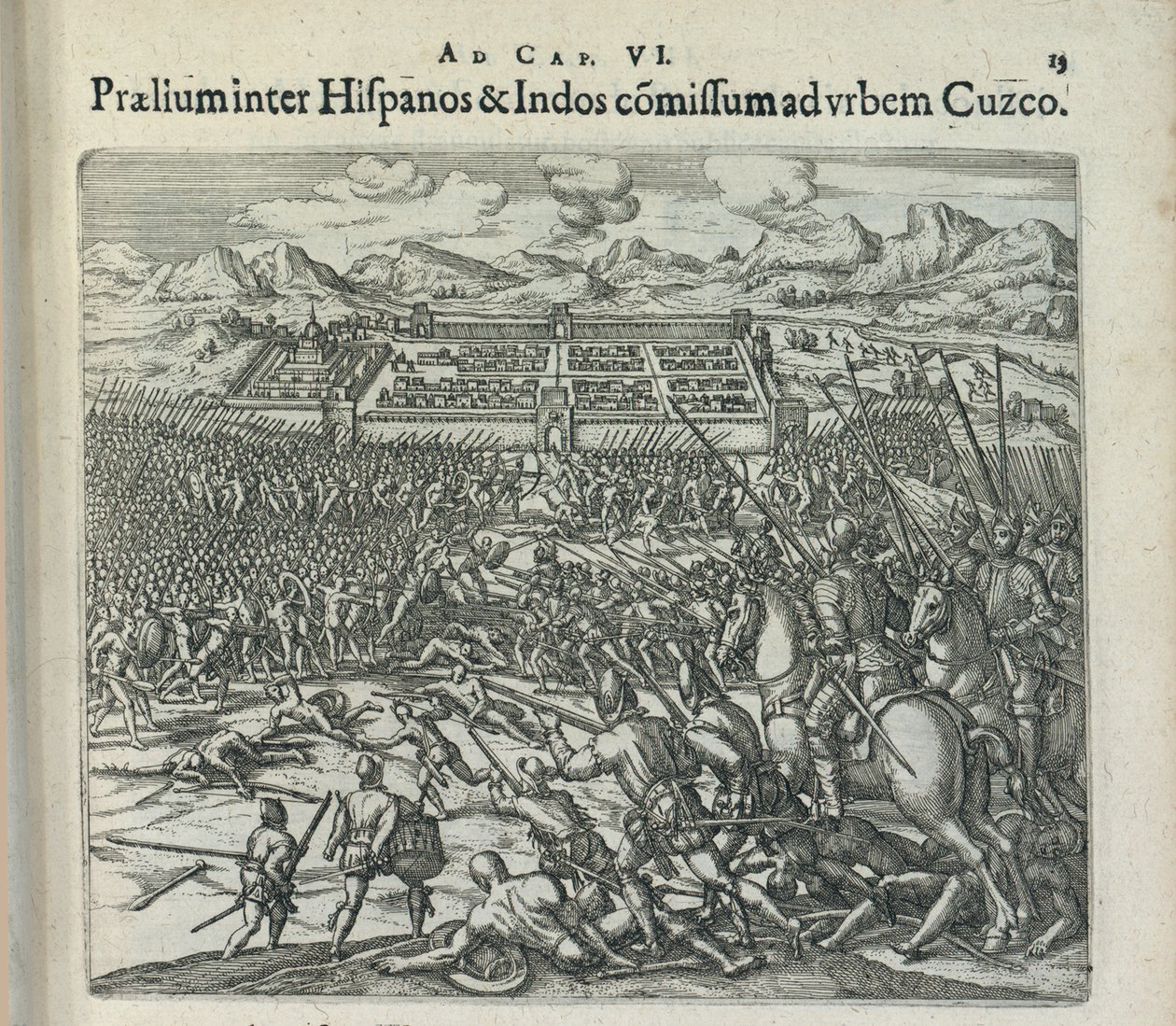 Battle between the Spaniards and the Indians at the Gates of Cuzco, 1596 by Theodor de Bry