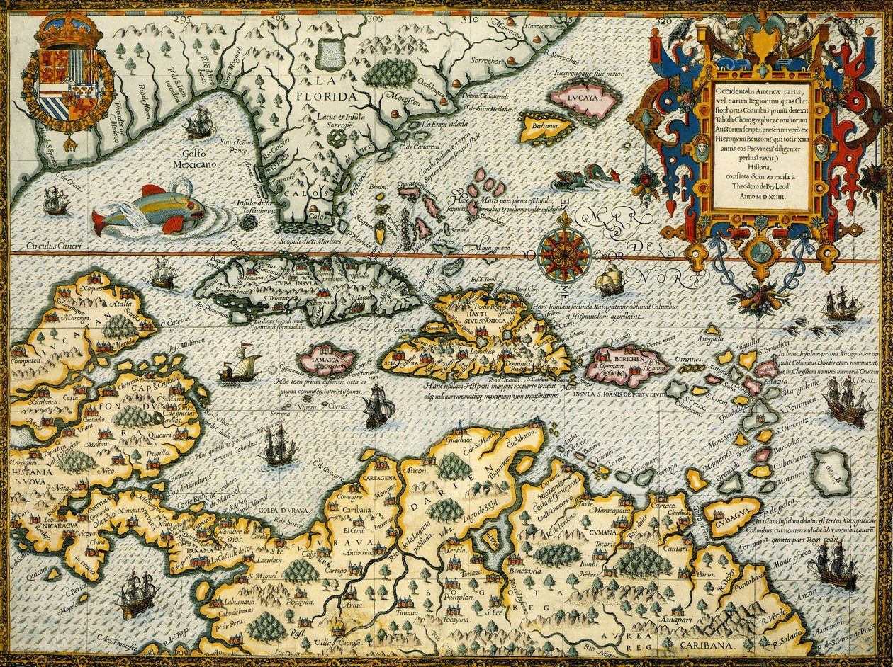 DeBry Map of Caribbean & Florida 1594 by Theodor de Bry