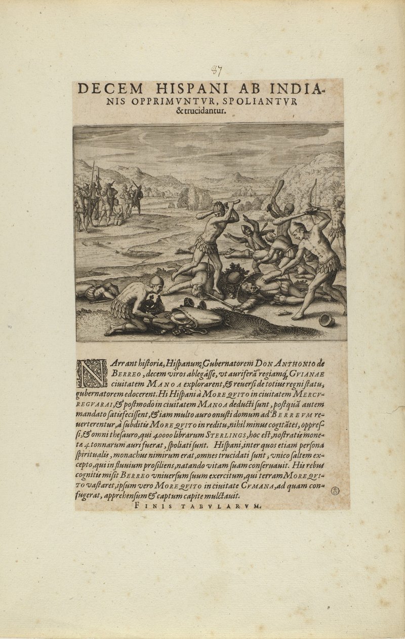 Ten Spaniards Oppressed, Robbed, and Slaughtered by Indians (from book, Americae, parts seven and eight) by Theodor de Bry