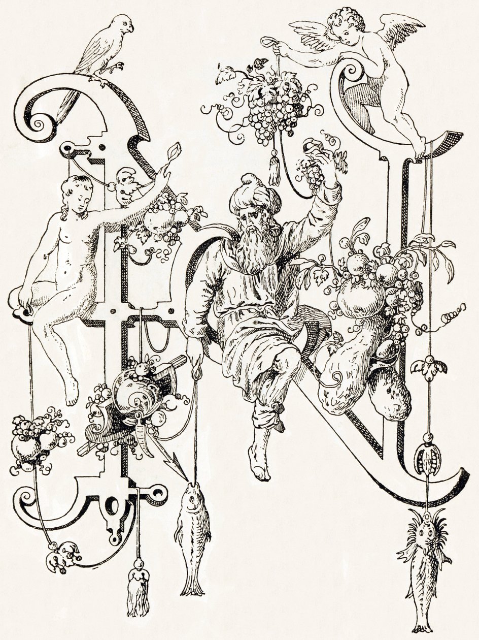 N - The Wise Natham - Alphabet by T. de Bry (New Artistic Alphabet) by Theodor de Bry