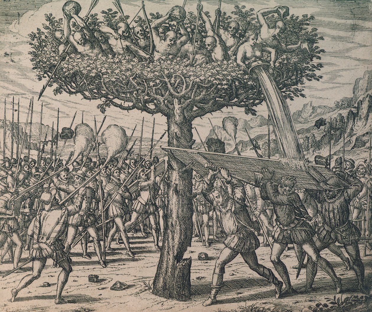 Natives hiding in the trees fighting against the conquerors by Theodor de Bry