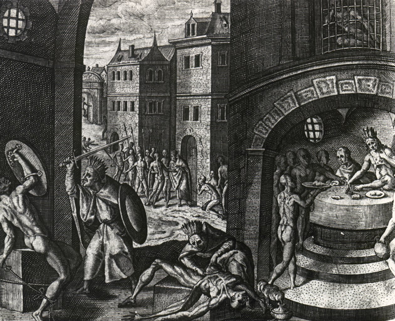 Priest kills victim of fake fight and then skins body, Mexico, engraving from Peregrinationes, by Theodor de Bry by Theodor de Bry