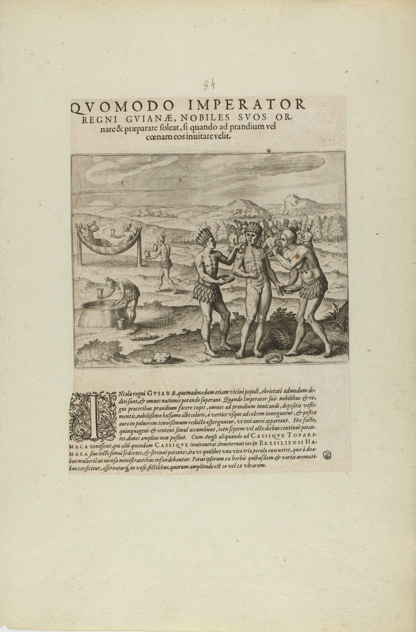 How the Emperor of the Kingdom of Guiana Adorns His Nobles... (from book, Americae, parts seven and eight) by Theodor de Bry