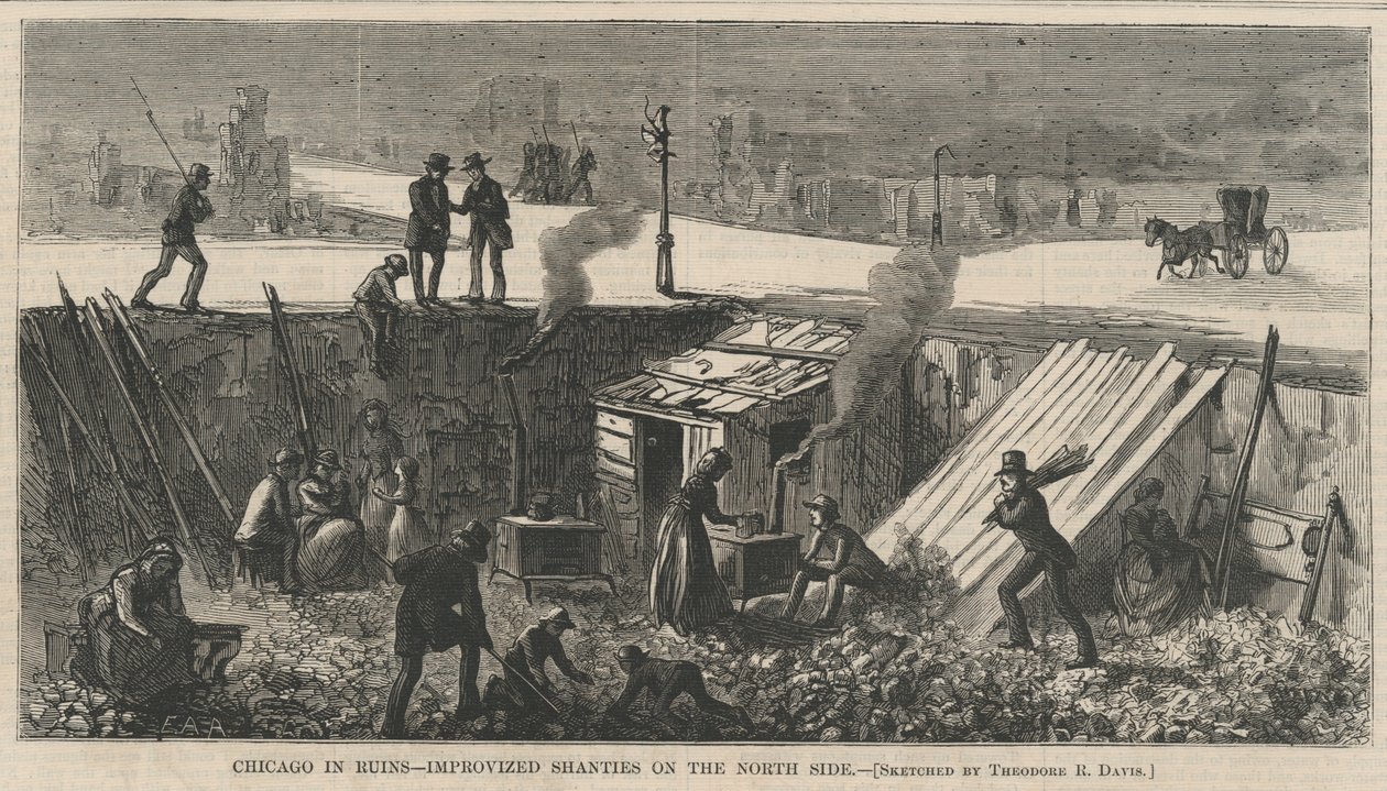 Chicago in Ruins - Improvised shanties on the north side, illustration from Harper