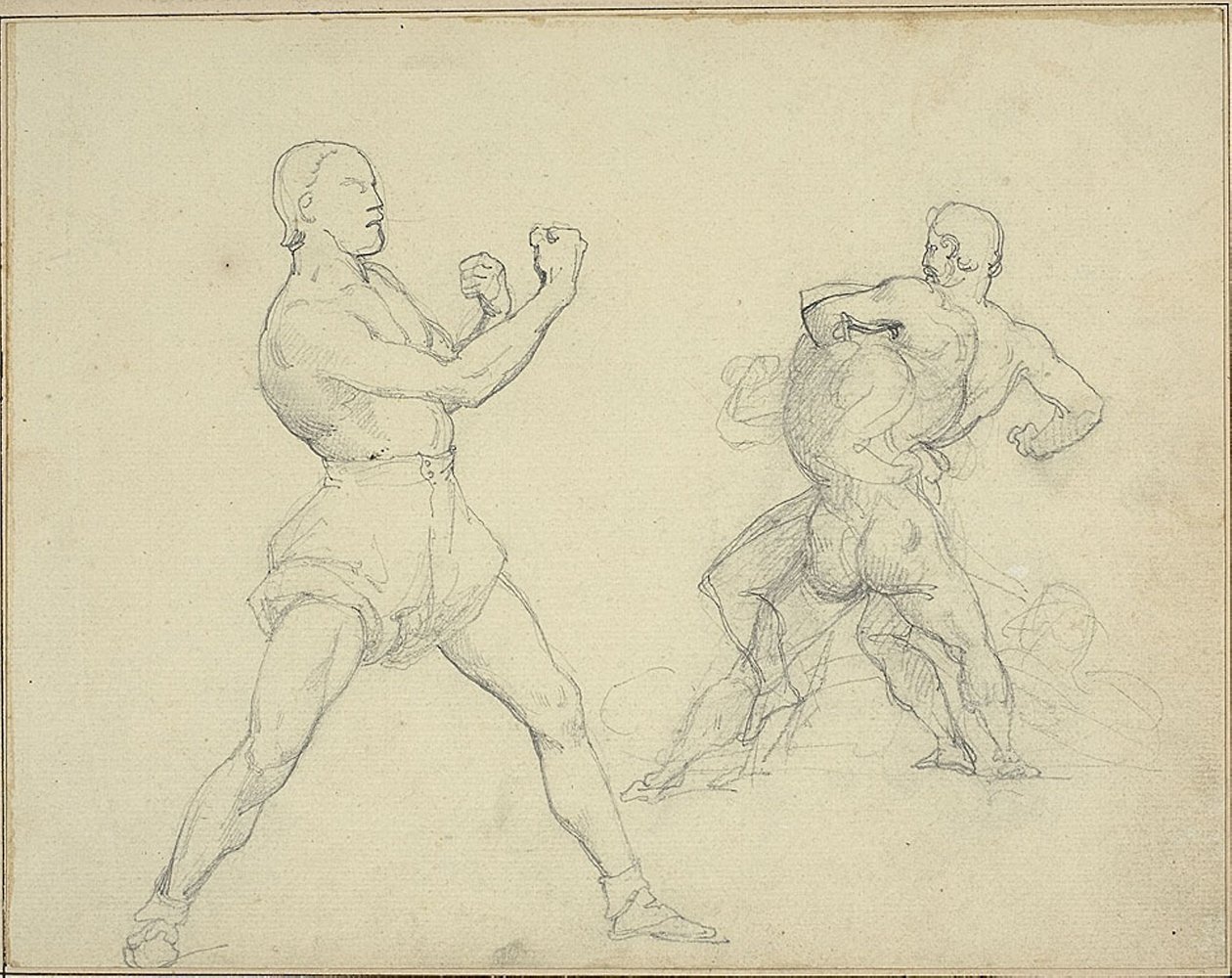 Boxer Facing Right and Two Men Wrestling by Theodore Gericault