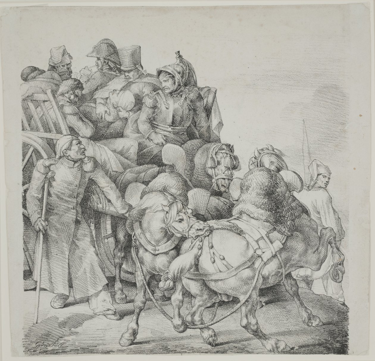 Horse-drawn Cart Full of Wounded Soldiers (lithograph by C. Motte) by Theodore Gericault