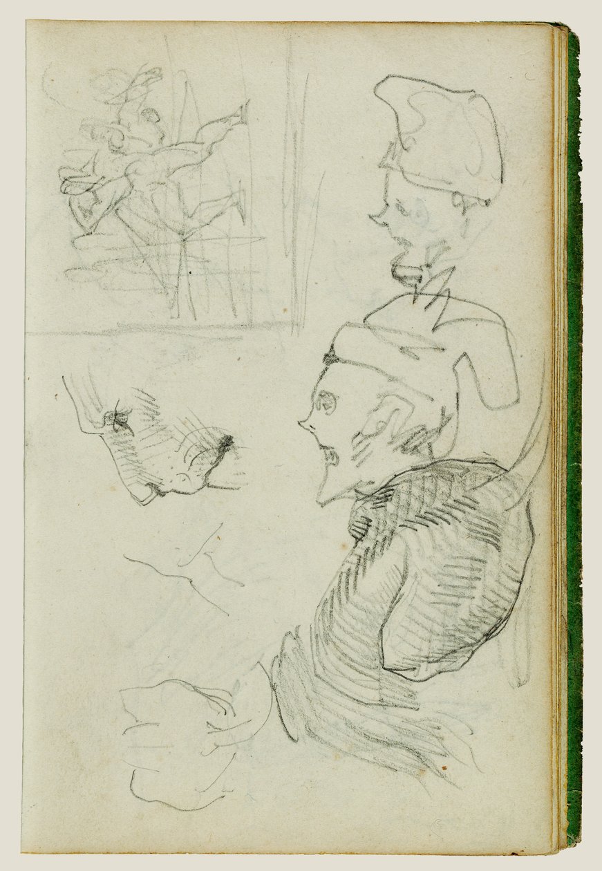 Studies of Lion, Compositional Group Figure Study, Two Caricature Head Studies by Theodore Gericault