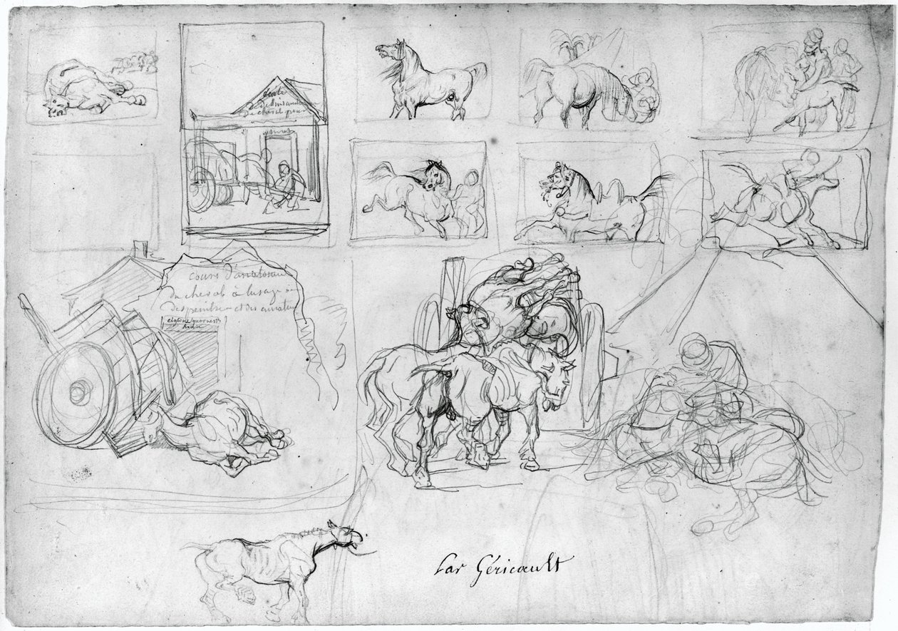 Study of Horses (recto); A Wagon Followed by a Sign Bearer (verso) by Theodore Gericault
