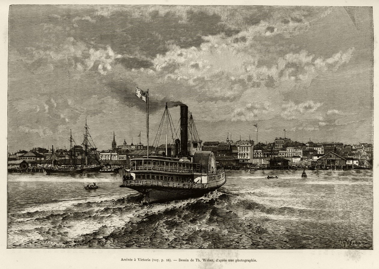 Arrival in Victoria, Canada. Engraving by Th.Weber, to illustrate the story 