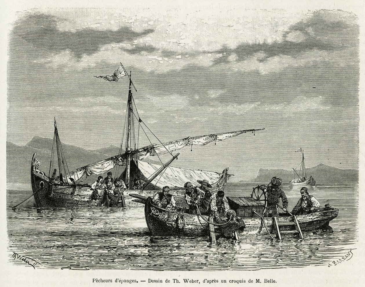 Sponge fishermen in the Gulf of Nafplio (drawing of Th. Weber, to illustrate the story of a trip to Greece in 1861, 1868 and 1874 by Henri Belle. Engraving in 
