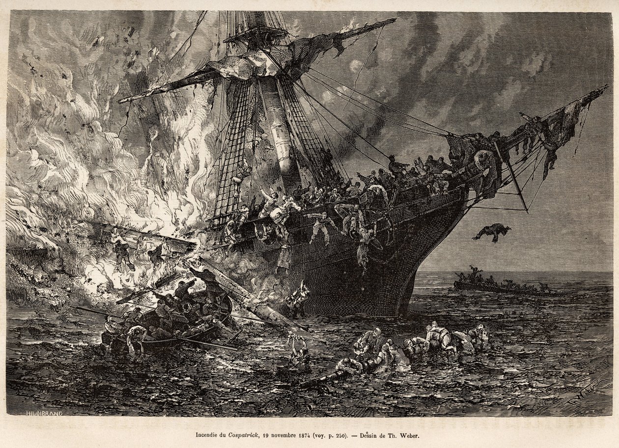 The fire of the Cospatrick, a British ship carrying more than 400 emigrants to New Zealand, on 19 November 1874, engraved after a drawing by T. Weber, illustrating the study of storms and voyages, by Mr. Zurcher and Mr. Margolle, in 1870-1874, published in by Theodore Weber