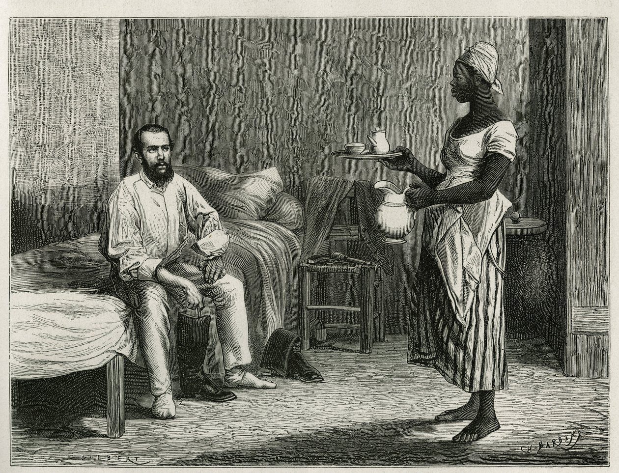 Portrait of the author and traveler, upon awakening, being served the cafe in his room by a young Haitian woman, engraving by T.Wust, to illustrate the story La republique d