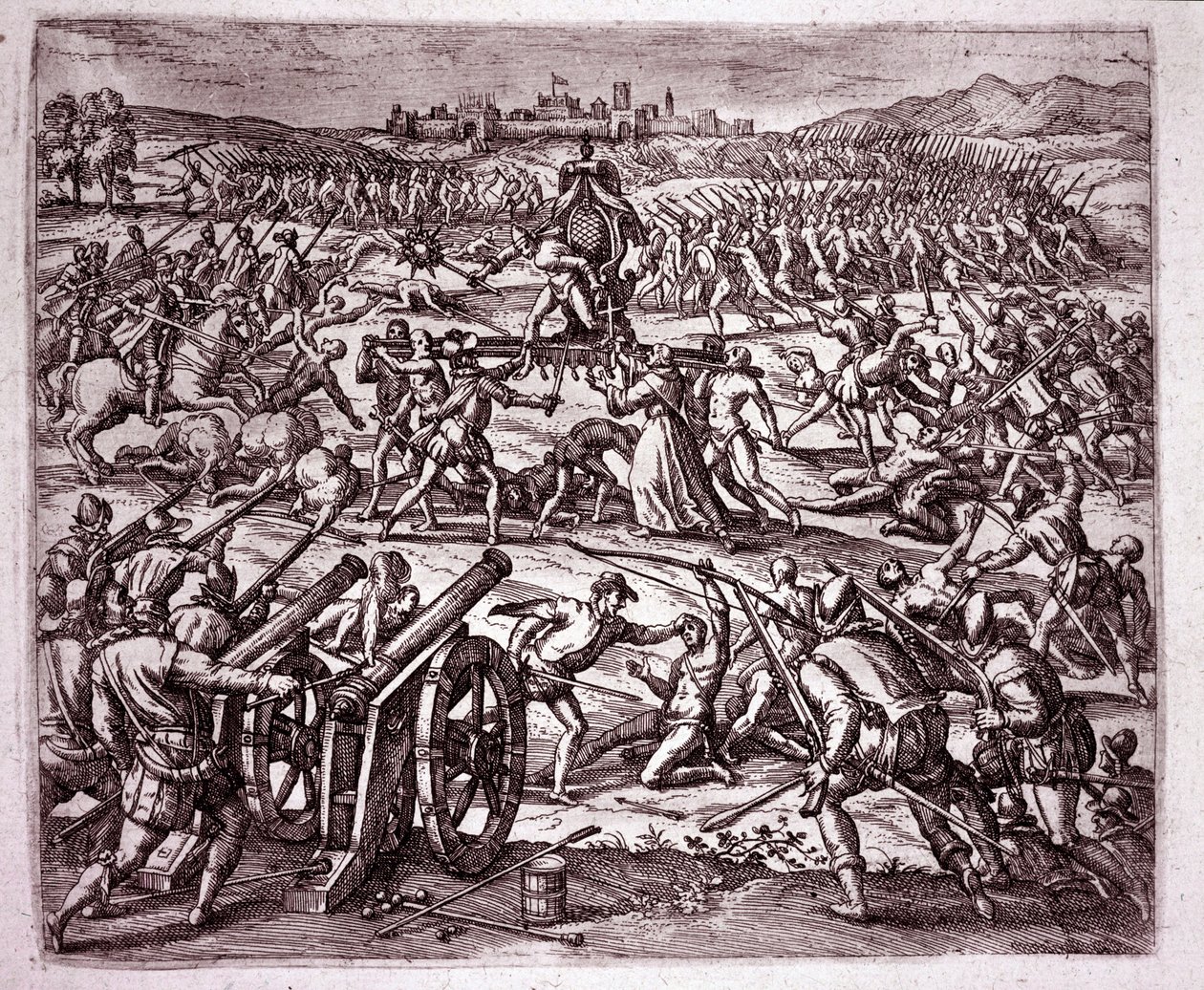 A Dominican Monk Encourages Francisco Pizarro to Seek Revenge on the Inca King Atahualpa (Engraving) by Theodore de Bry