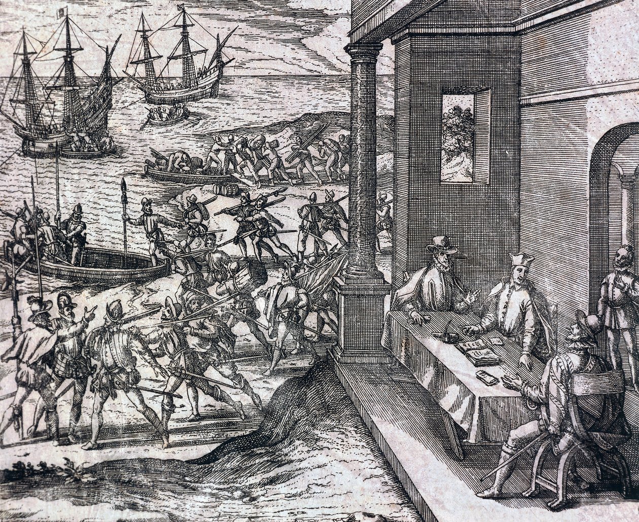 Agreement between Francisco Pizarro, Diego de Almagro and Hernando de Luque to explore and exploit Peru by Theodore de Bry