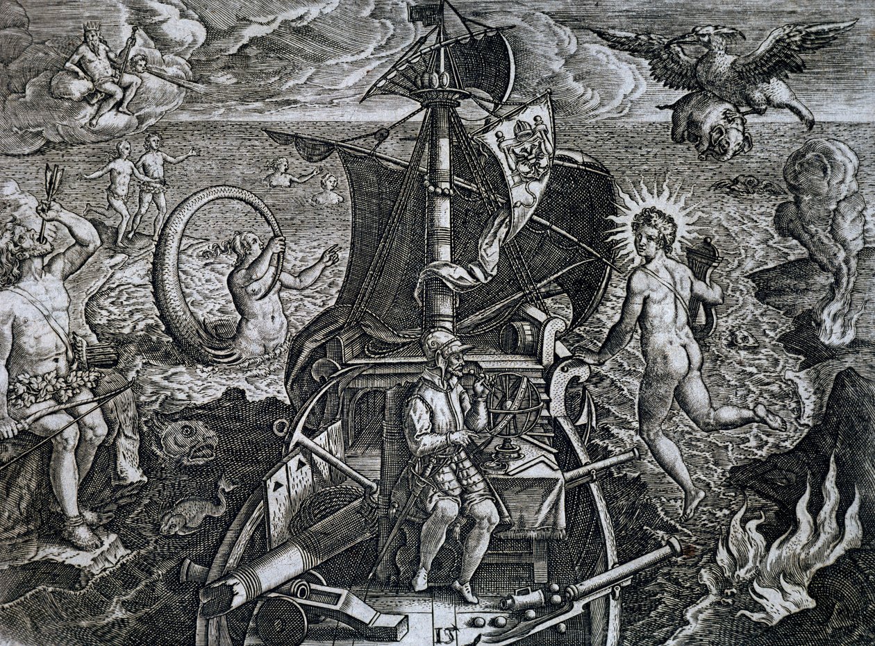 Allegory of voyages of Ferdinand Magellan, engraving by Theodore de Bry