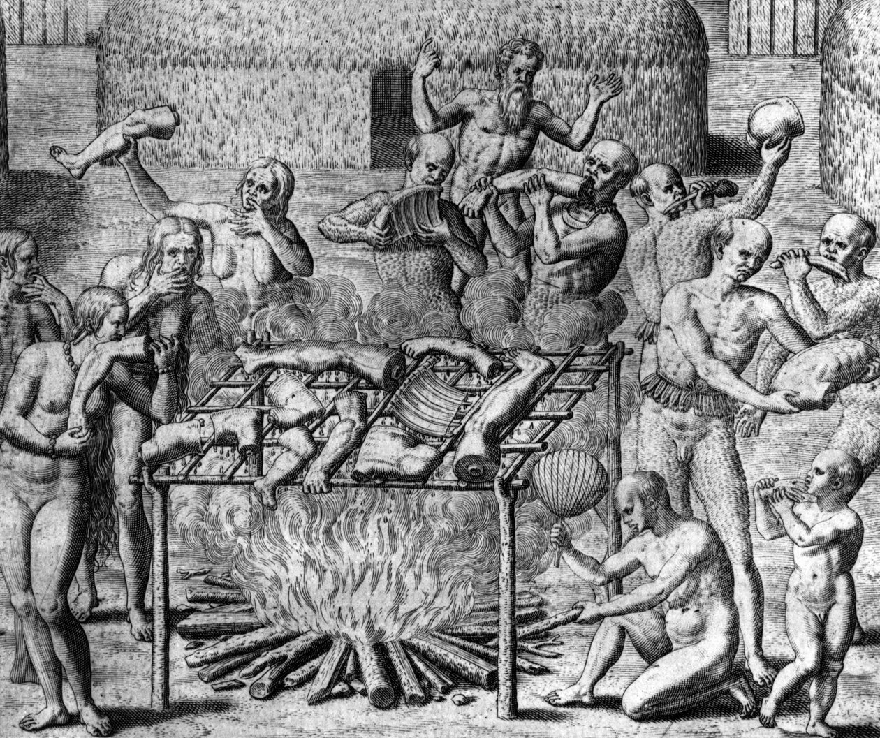 Anthropophage Meals: Cannibals in Brazil - in “Admirante Narratio Americae”, by Théodore de Bry by Theodore de Bry