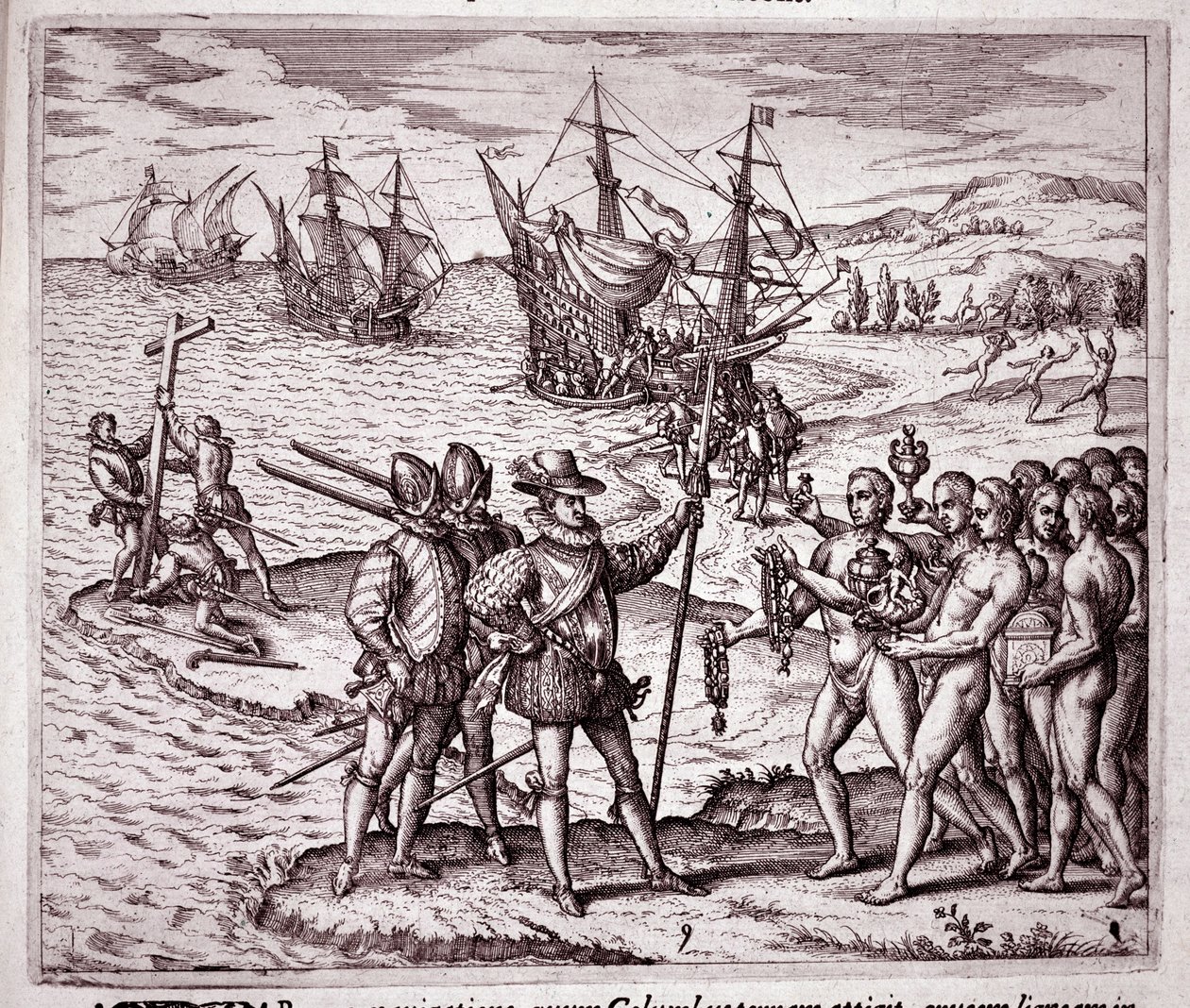Arrival of Christopher Columbus on the island of Hispaniola in the West Indies (Engraving) by Theodore de Bry