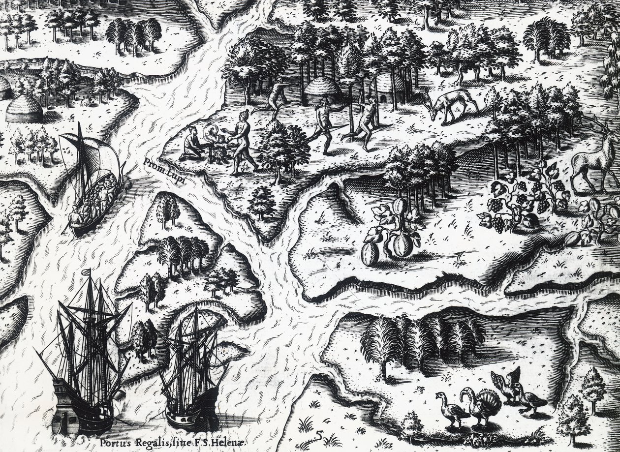Arrival of French at Port Royal in 1564, engraving by Theodore de Bry