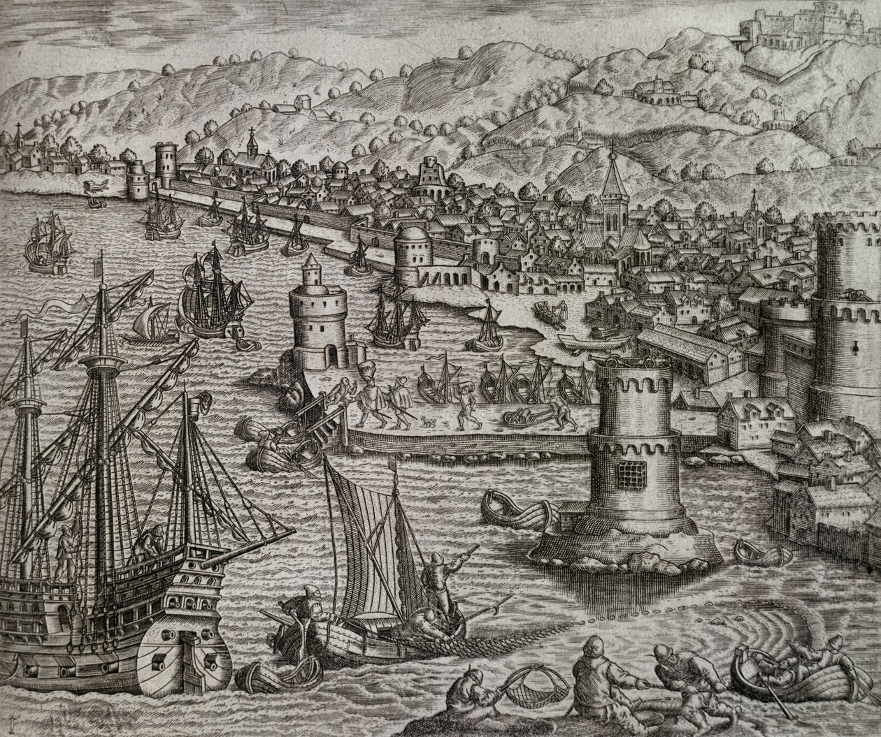 Arrival of Girolamo Benzoni in the port of Las Palmas during his trip to the Americas, engraving by Theodor de Bry by Theodore de Bry