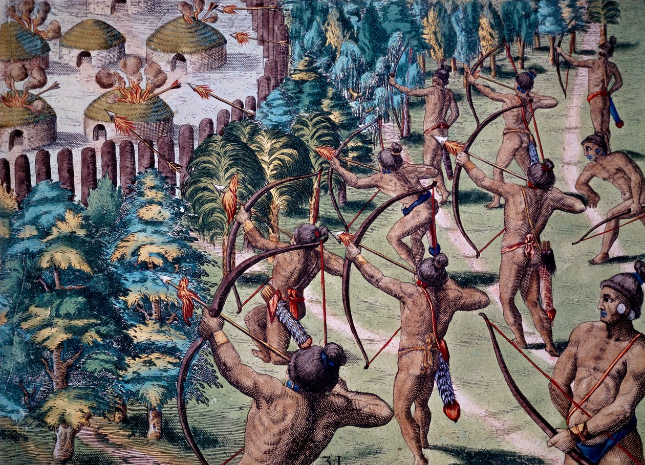 Attack on village with flaming arrows, engraving from Narratio In Floridae by Theodore de Bry