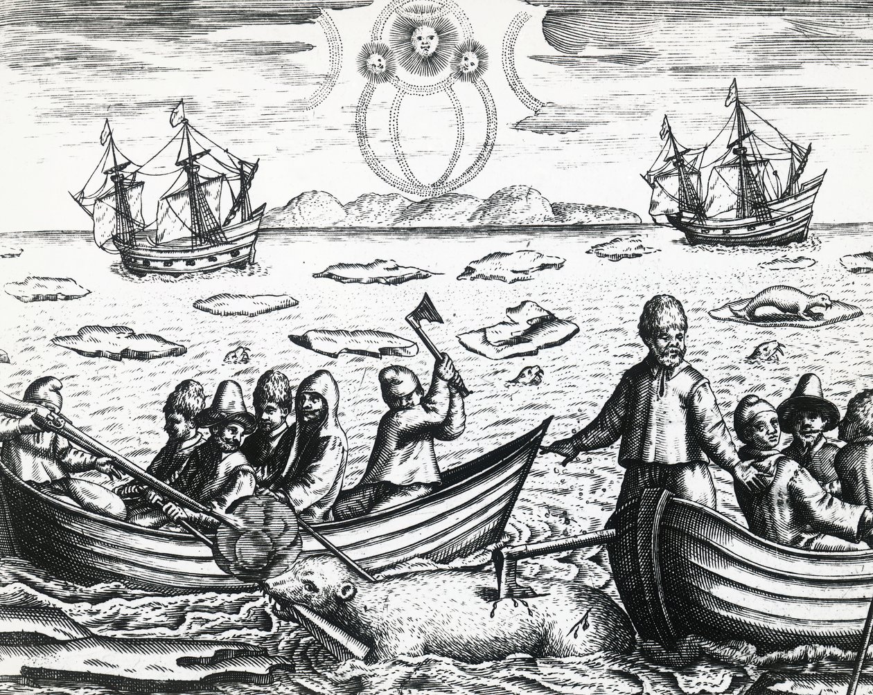 Aurora borealis and white bear hunting during third expedition led by William Barents in search of Northeast Passage in 1596, engraving by Theodore de Bry