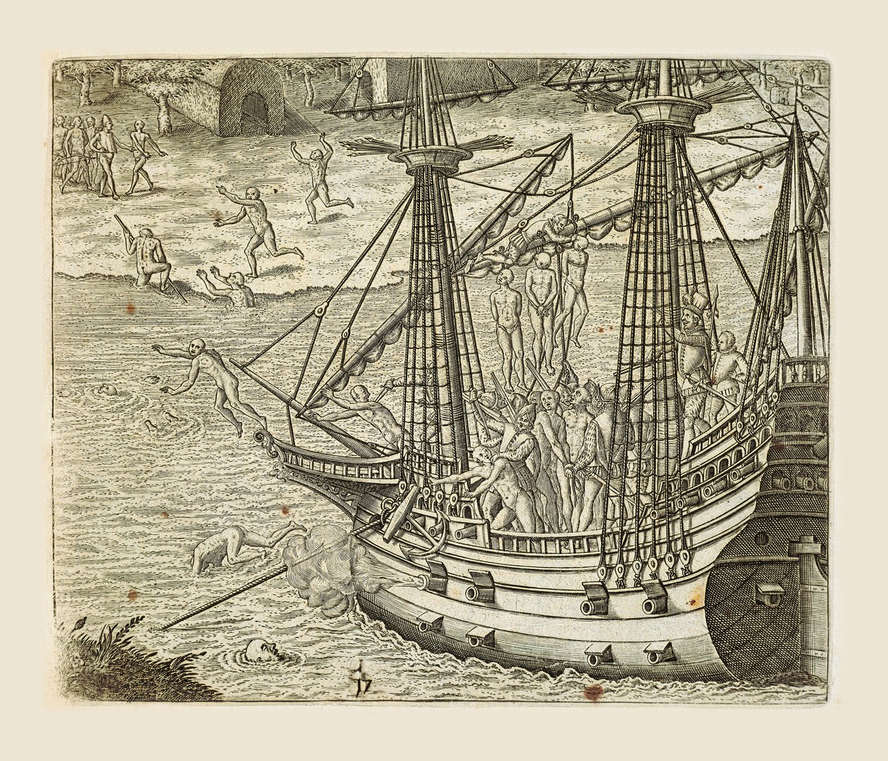 Bartolomeo Diaz Hanging Some Indians on Caravel, from Americae pars quarta, by Girolamo Benzoni by Theodore de Bry