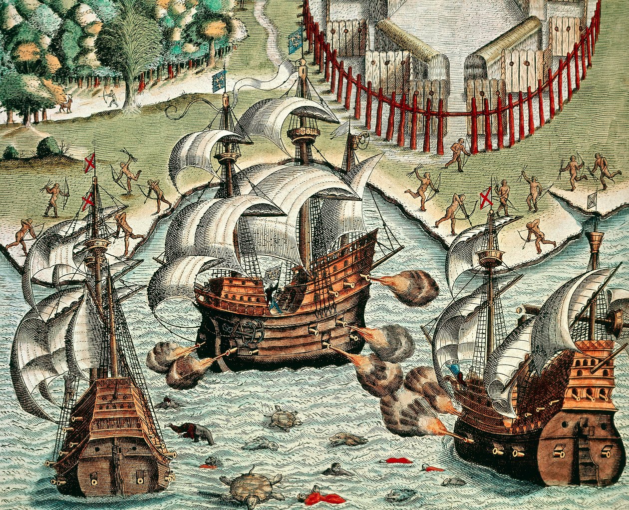 Battle Between the French and Portuguese off Buttugar by Theodore de Bry
