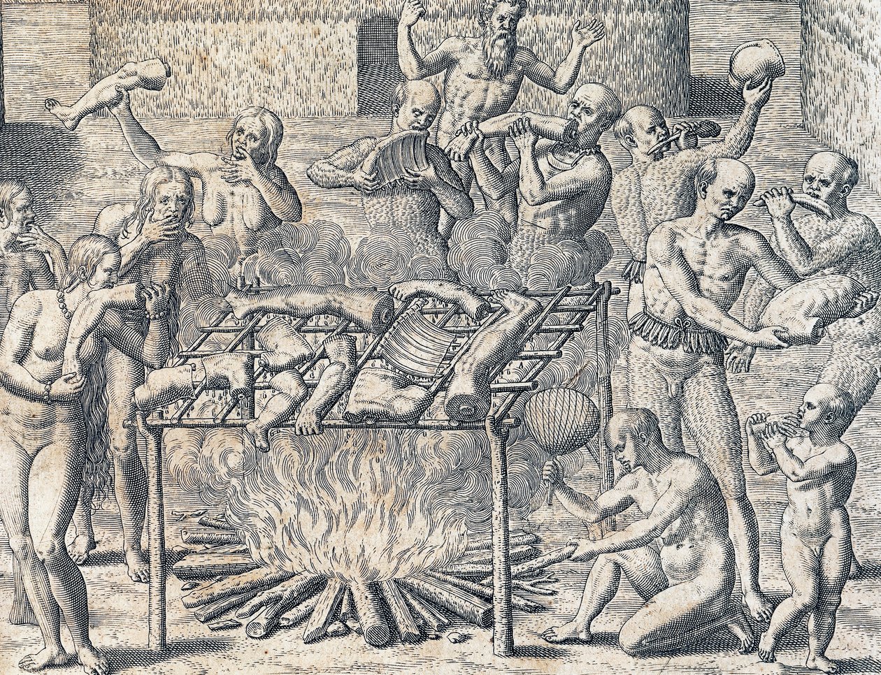 Cannibalism of tribes in interior of Brazil, engraving from American History by Theodore de Bry by Theodore de Bry