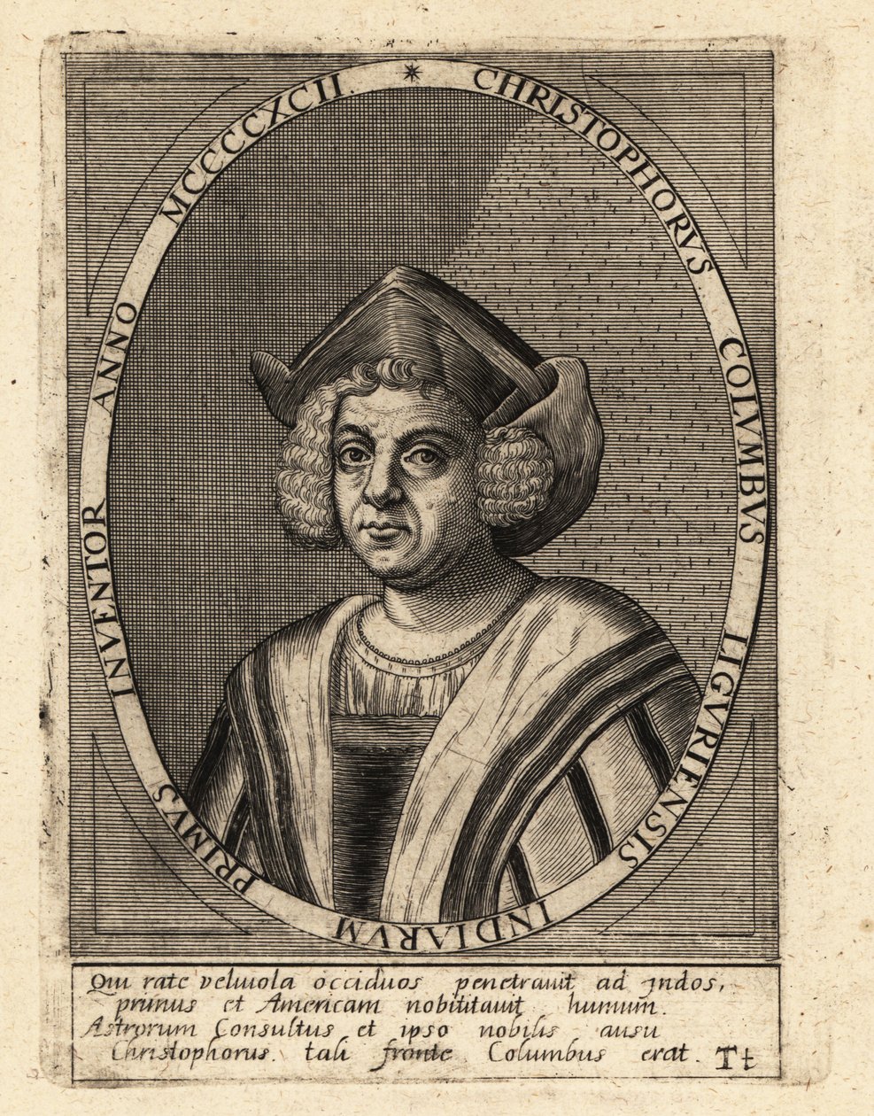 Christopher Columbus, Italian explorer and colonizer by Theodore de Bry