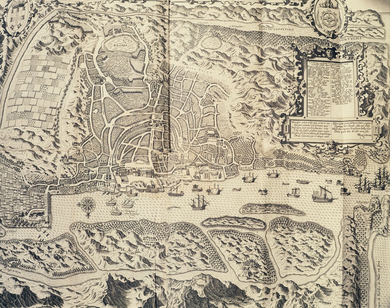City of Goa in India, Engraving by Theodor de Bry from Travel account of the voyage of the sailor Jan Huyghen van Linschoten to Portuguese East India 1579-1592 by Theodore de Bry