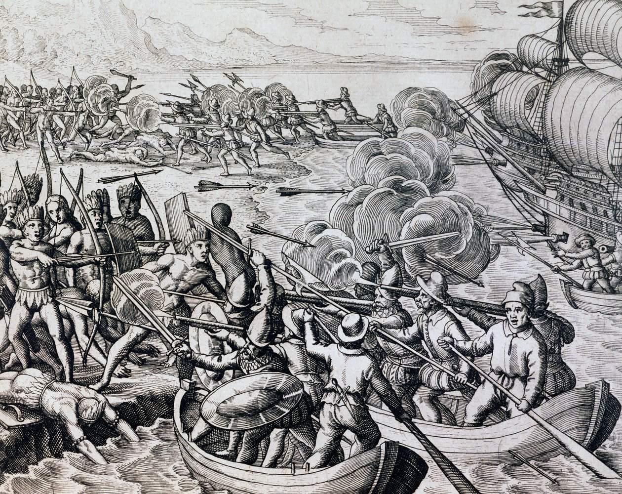 Clash between Native Indians and Spanish Troops, Engraving from Historia Americae, by Theodor de Bry, Frankfurt by Theodore de Bry