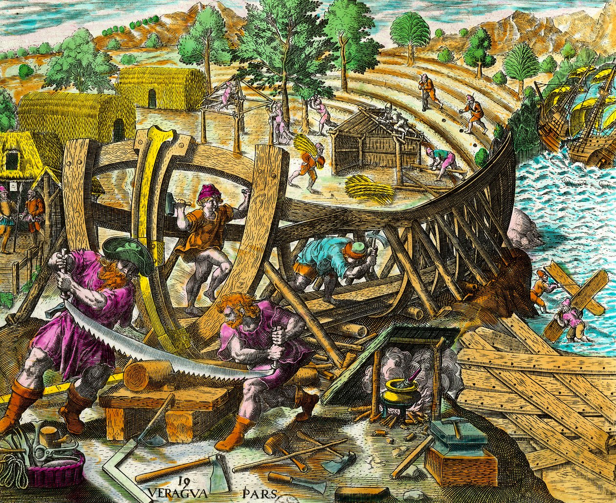 Construction of a boat for the Spanish navigator Vasco Nunez de Balboa (1475-1517). Engraving from History of the Americas by Theodore de Bry (1528-1598). Private Collection by Theodore de Bry