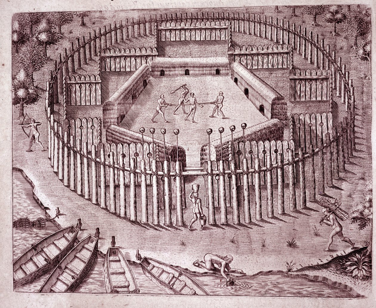 Defense System of the Indian Huts by a Double Row of Tree Trunks Planted Around. The Severed Heads of Enemies Are Placed at the Top by Theodore de Bry