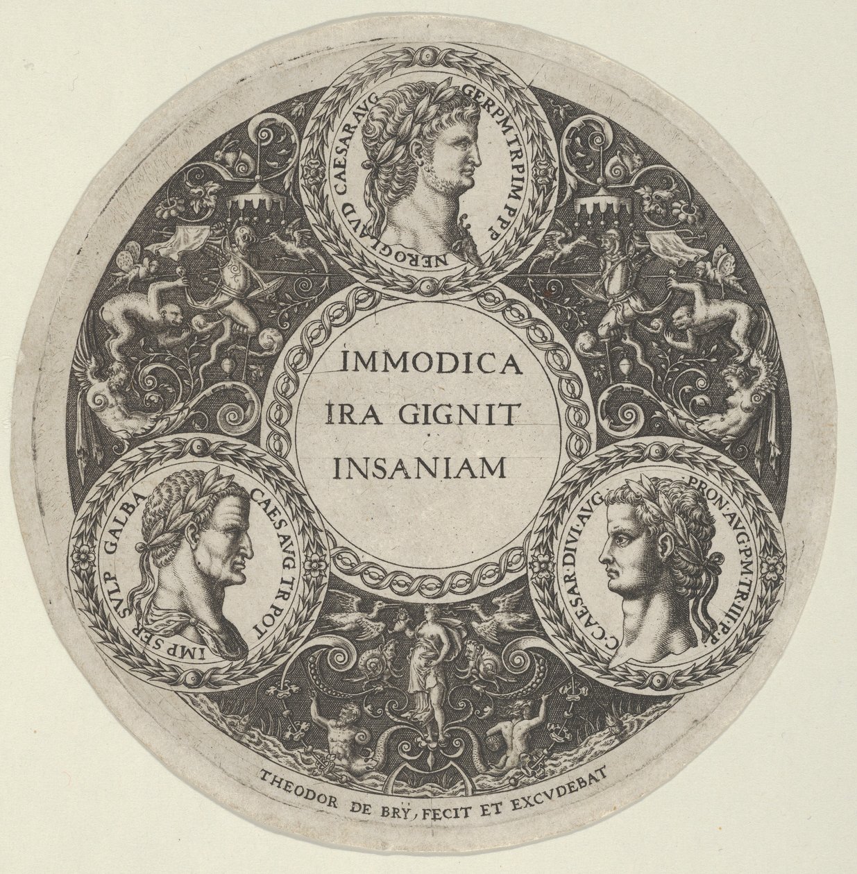 Design for a Dish with Portraits of the Roman Emperors Nero, Galba, and Caligula, ca. 1588 by Theodore de Bry