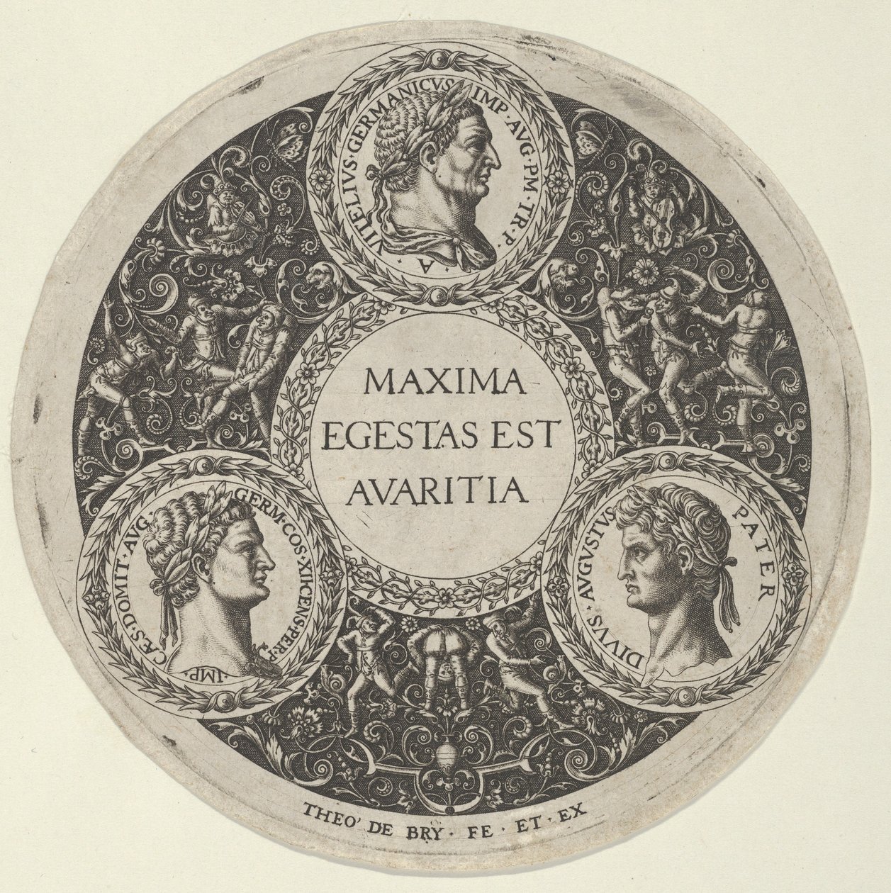 Design for a Dish with Portraits of the Roman Emperors Vitellius, Domitian, and Augustus by Theodore de Bry