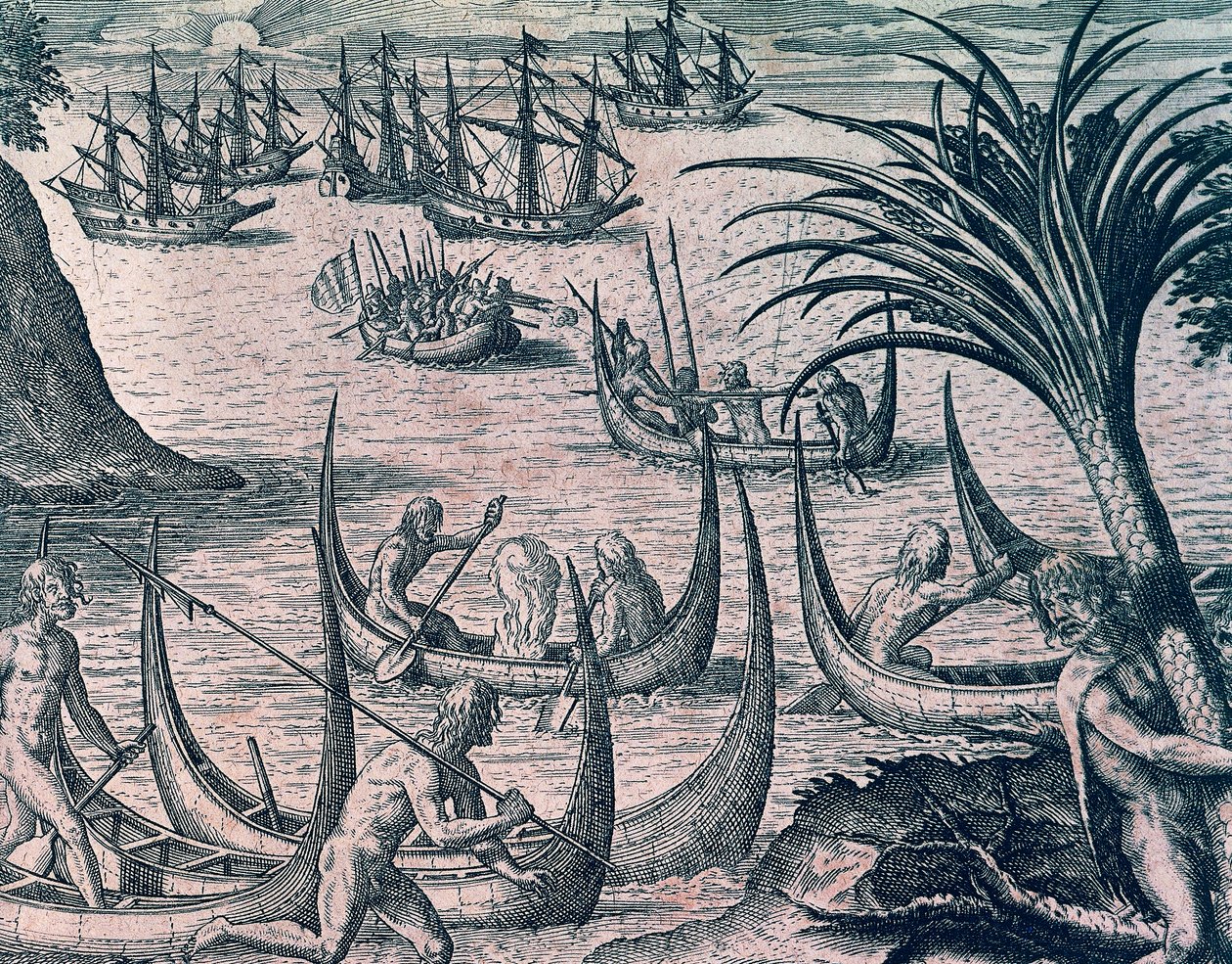 Dutch ships in Strait of Magellan, engraving from American History by Theodore de Bry