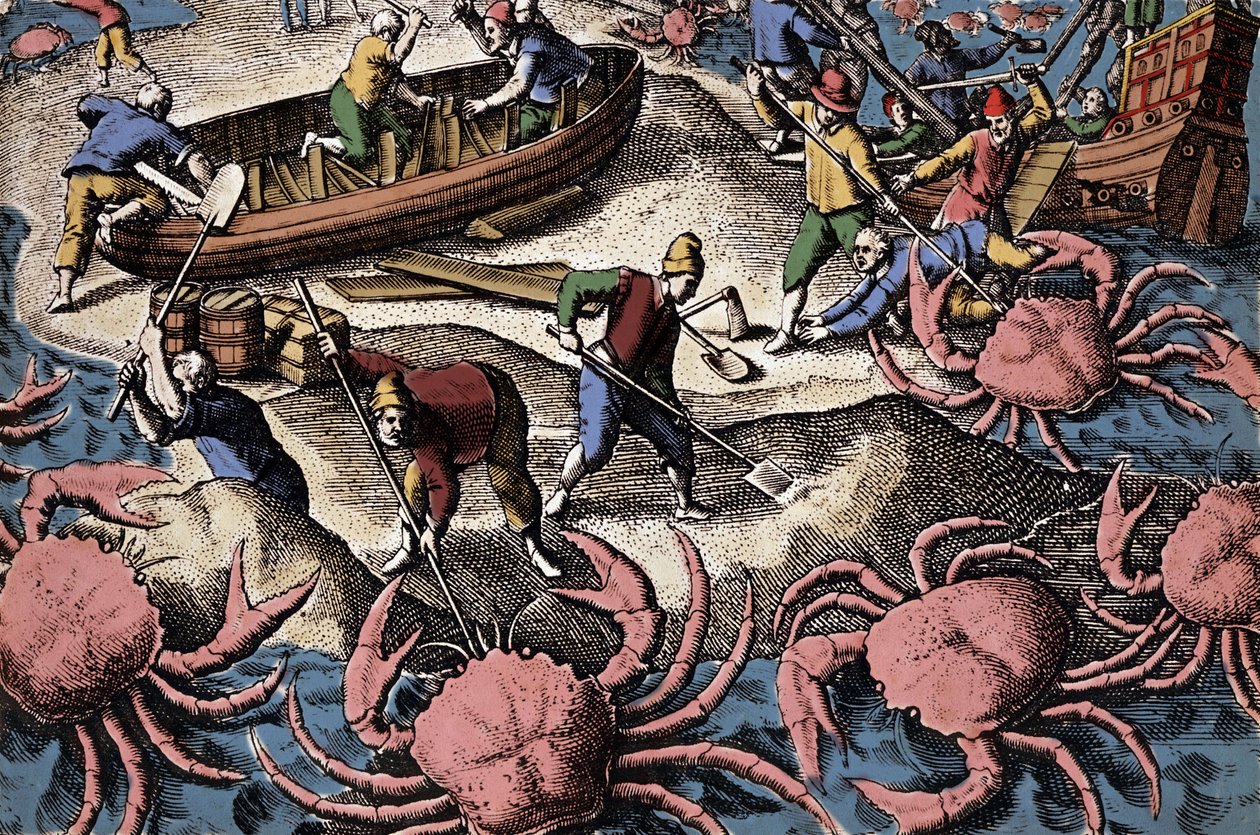 European navigators fighting big crab. Engraving from Petities voyages aux Indes Orientales by Theodore de Bry by Theodore de Bry