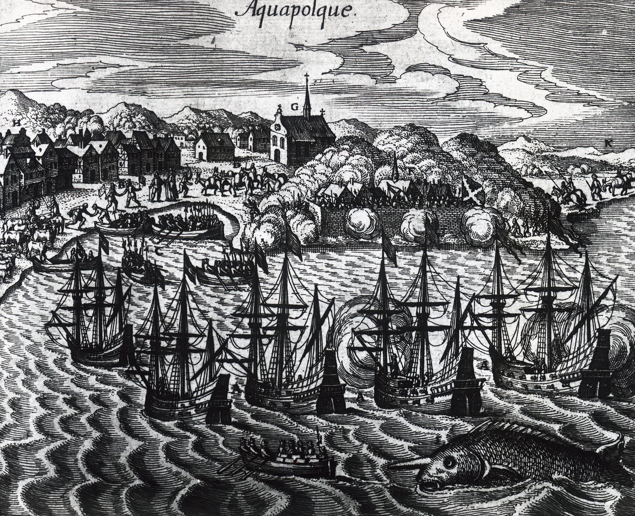 Fleet of Galleons in Acapulco Port, engraving by Theodore de Bry